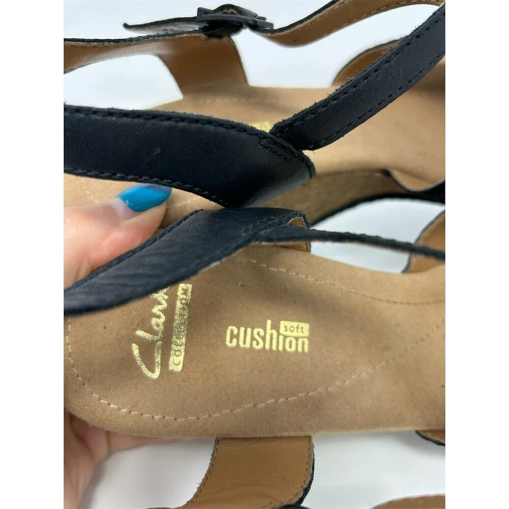 Clarks Womens Cork Wedge Sandals Black Crisscross Strappy Ankle Buckle Size 11